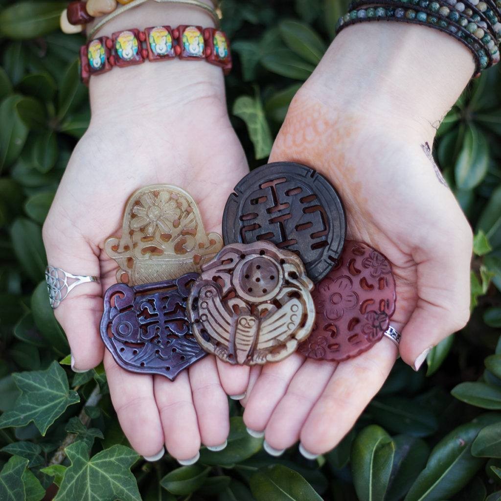 Health, Wealth, and Longevity Medallions in hand carved jade
