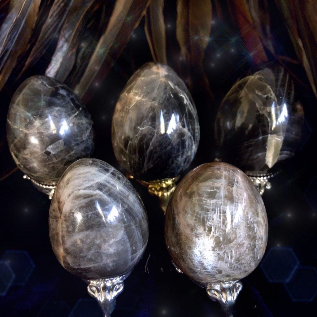 Black moonstone eggs for connecting and creating in the dark
