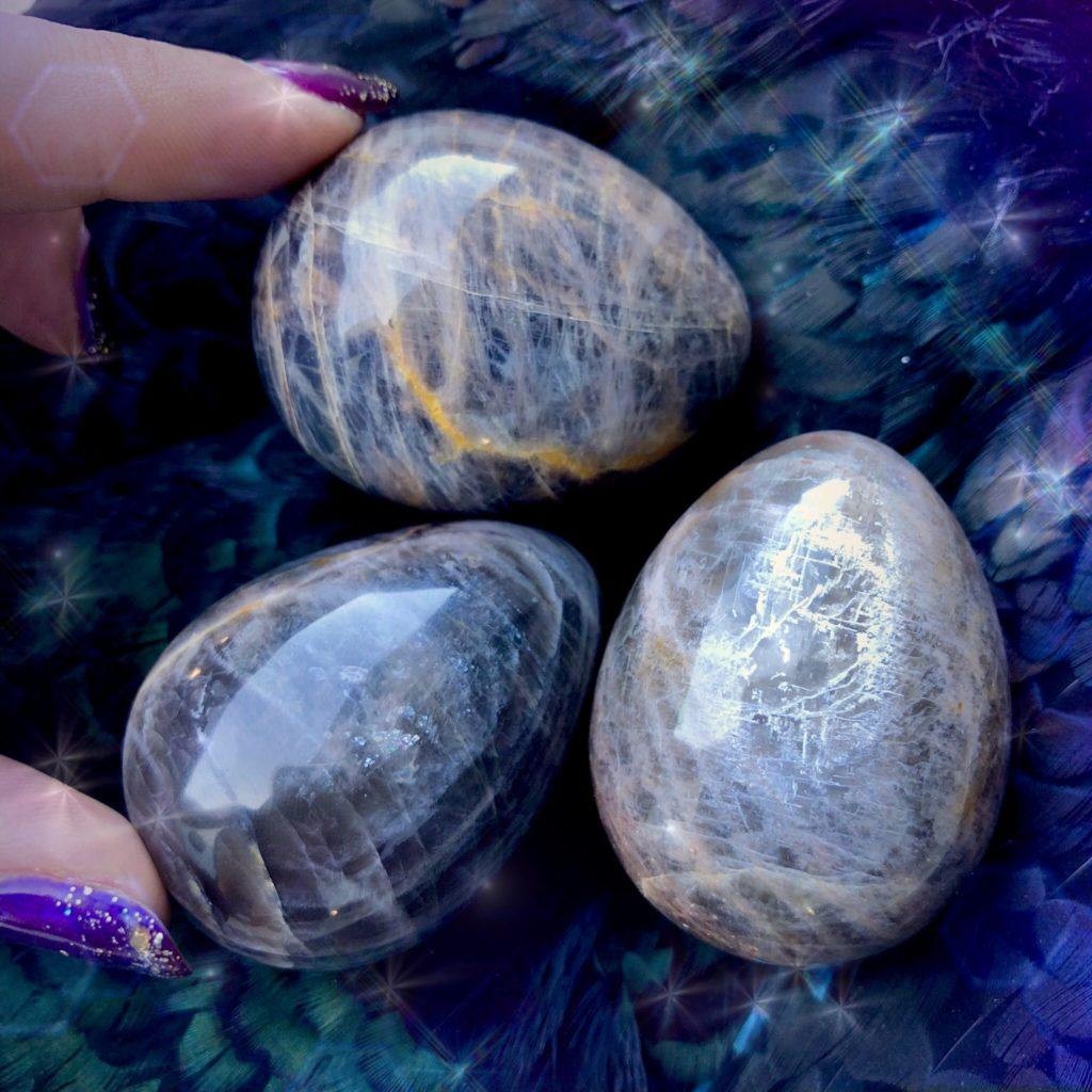 Black moonstone eggs for connecting and creating in the dark