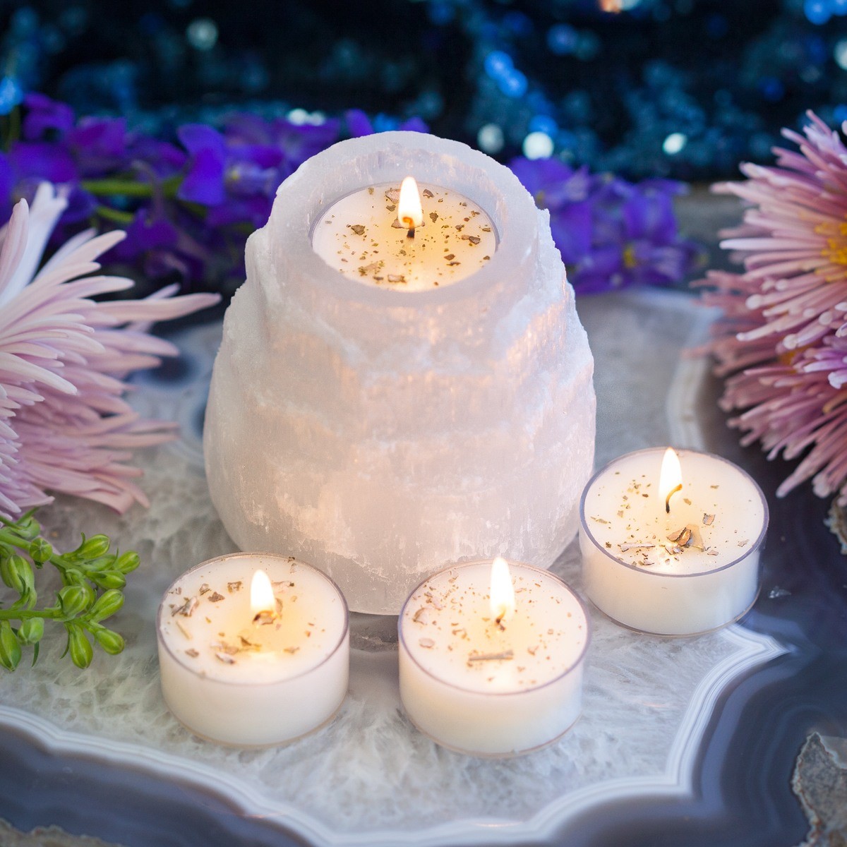 Selenite Candle Holder with Ceremony Tea Lights 6_22 Primary