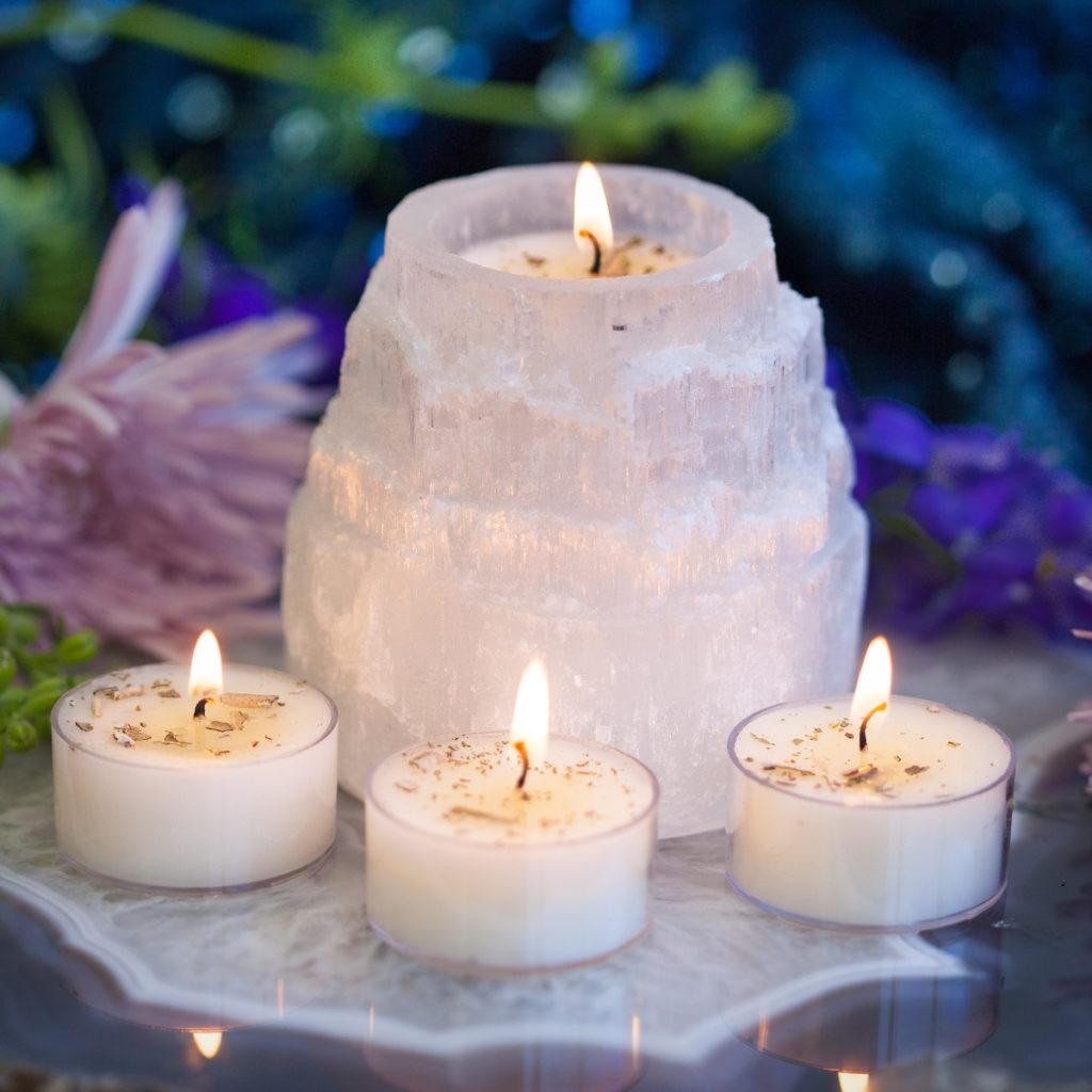 Selenite Candle Holders with Ceremony Tea Lights for raising the vibration