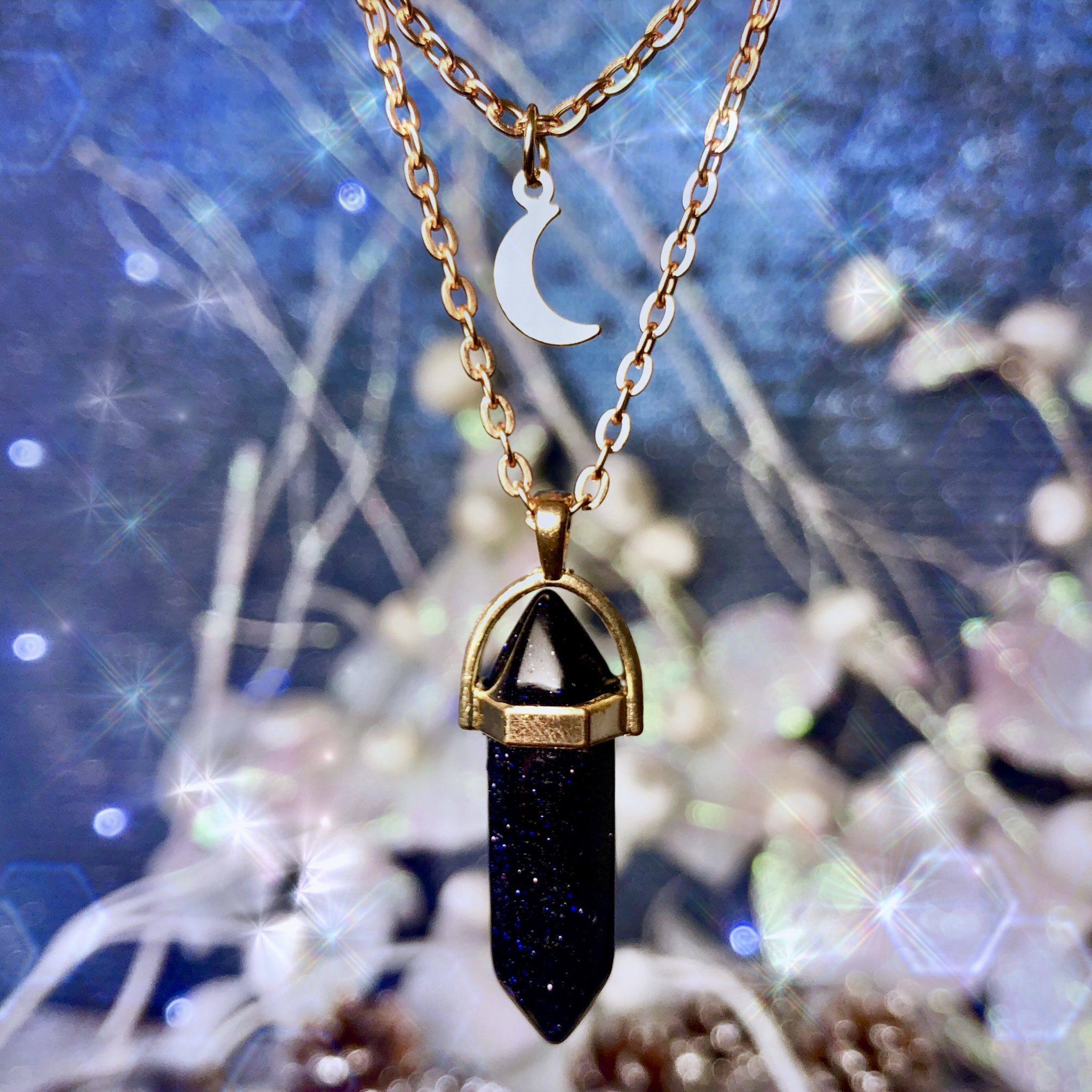 Blue Goldstone crystal pendant necklace