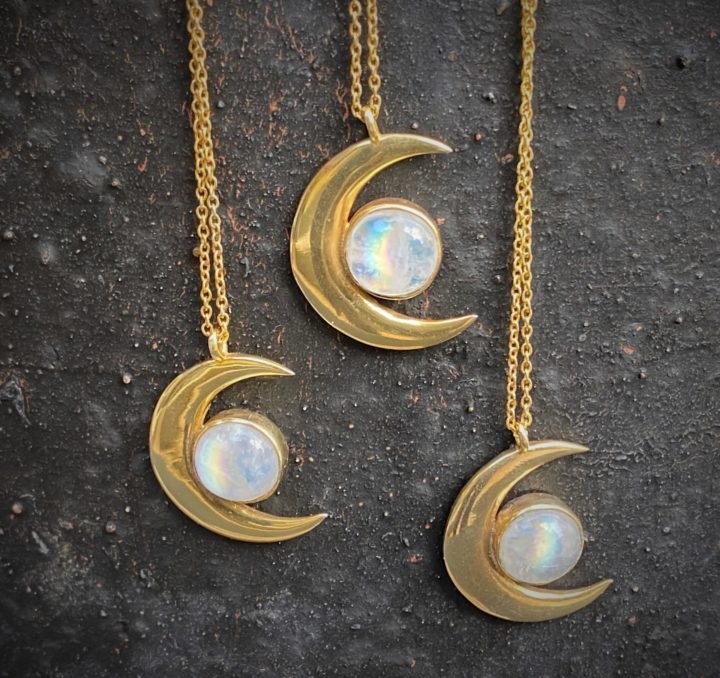 Rainbow Moonstone Crescent Moon Necklaces