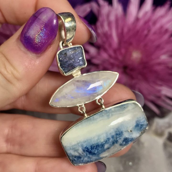 Blue Scheelite, Moonstone, and Blue Kyanite Pendant