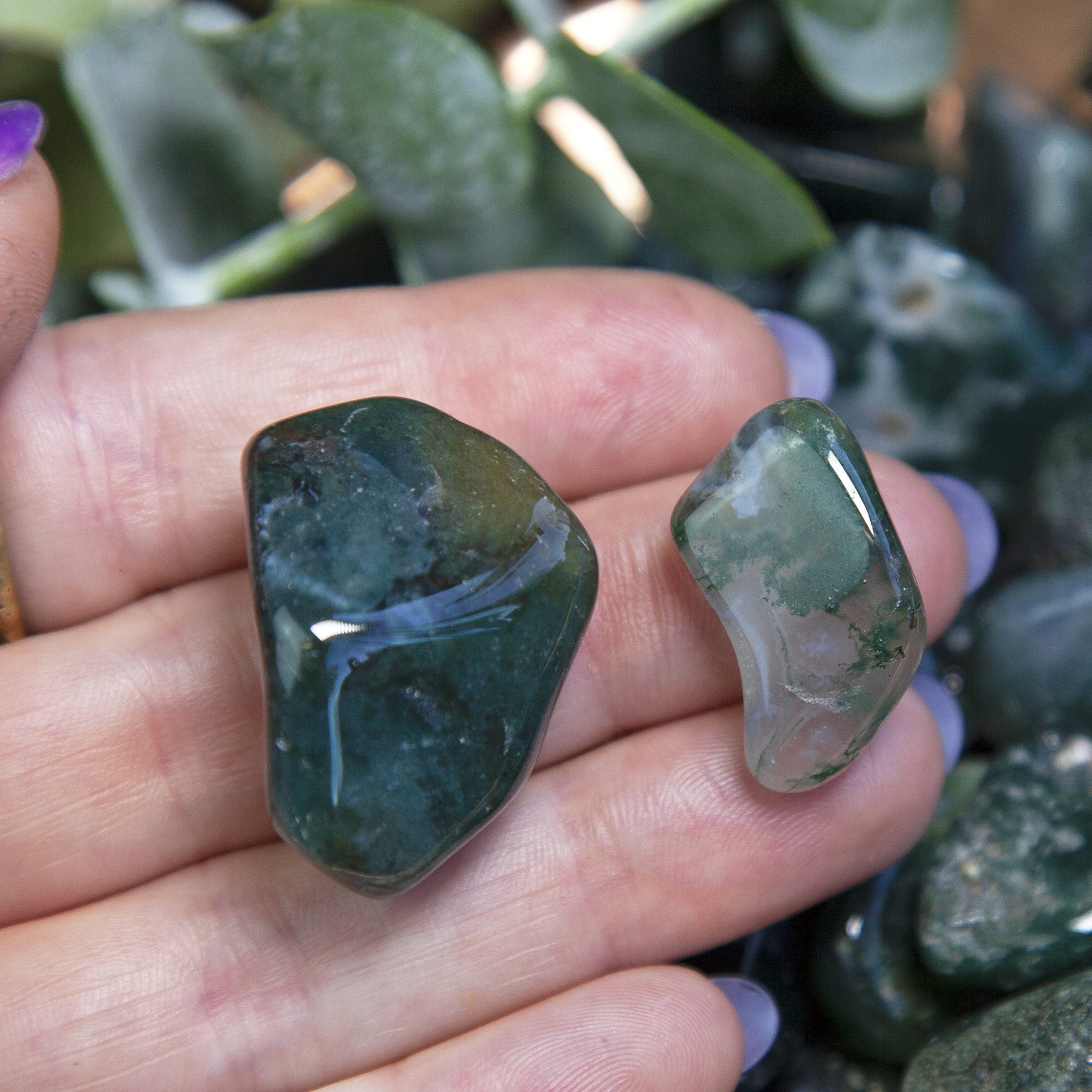 Tumbled Moss Agate for healing, nurturing, and grounding energy