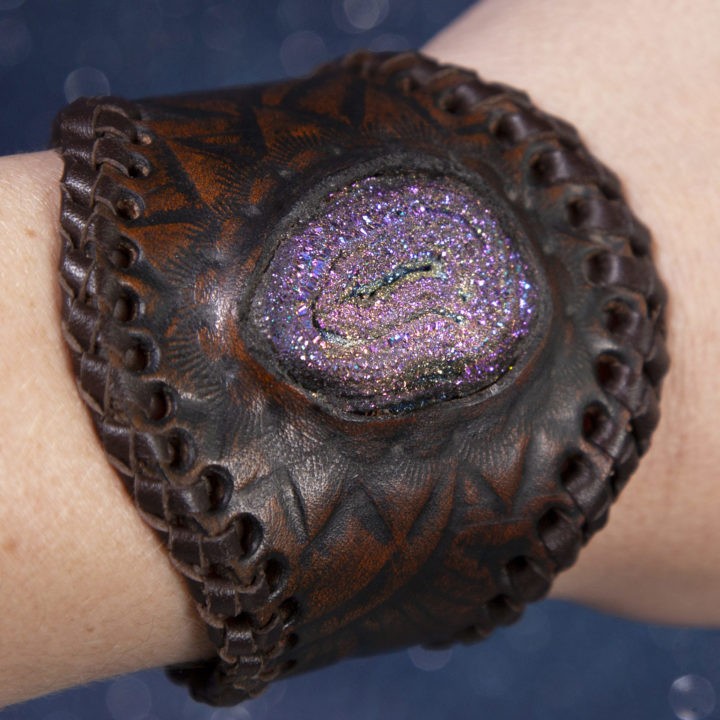 Aura Druzy Quartz on Brown Leather Cuff