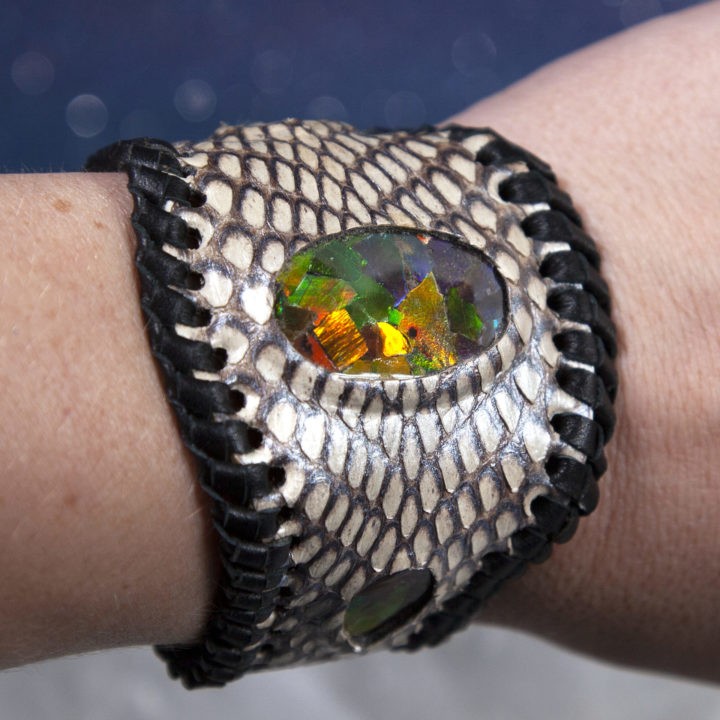 Fire Ammonite on Silver Leather Cuff