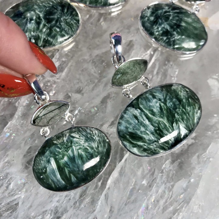 Seraphinite and Green Rutilated Quartz Pendants