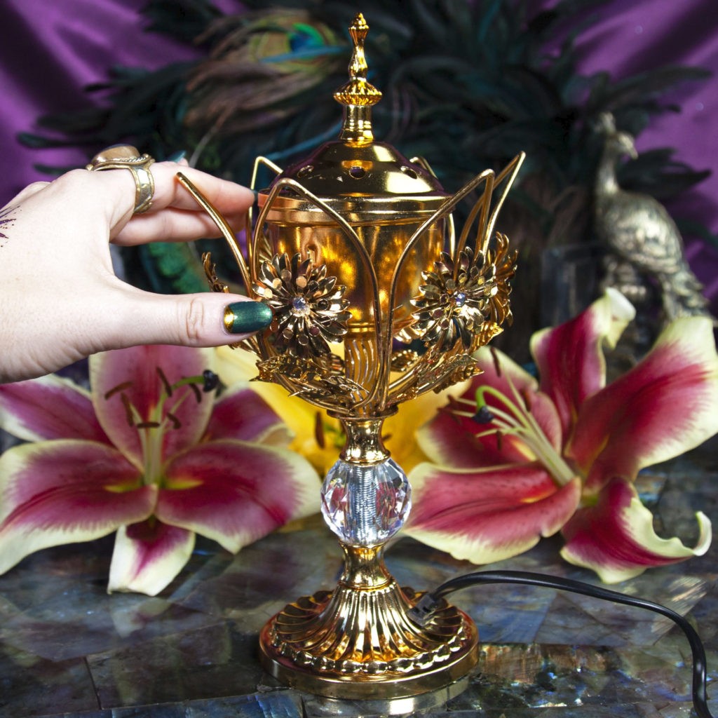 Golden Floral Electric Oud Incense Burner for smudging with elegance