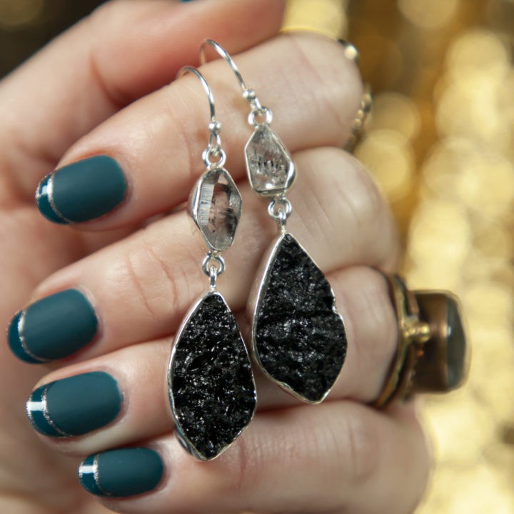 Tektite and Herkimer Diamond Earrings