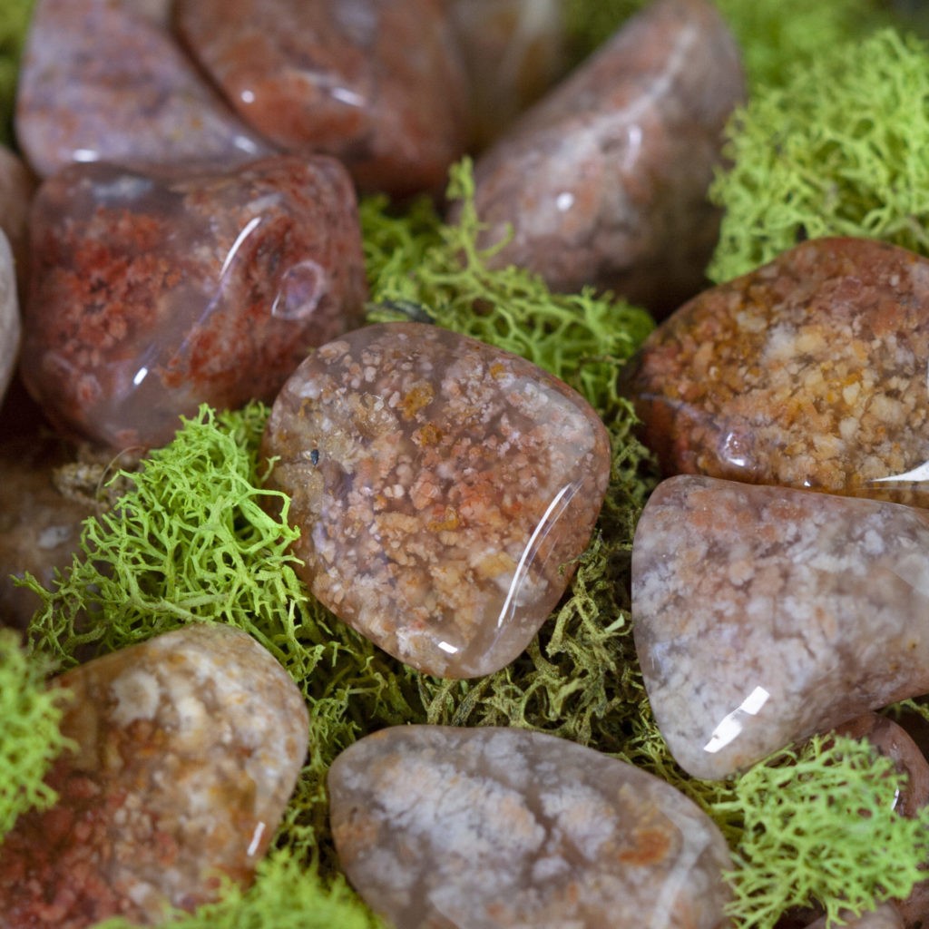 Tumbled Pink Moss Agate for gentle healing, acceptance, and forgiveness