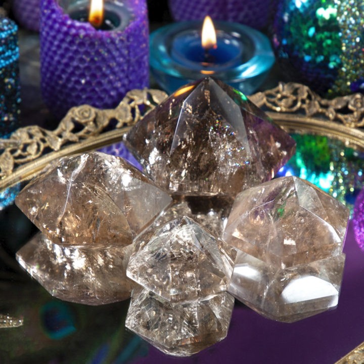 Faceted Hexagonal Smoky Quartz Pyramids