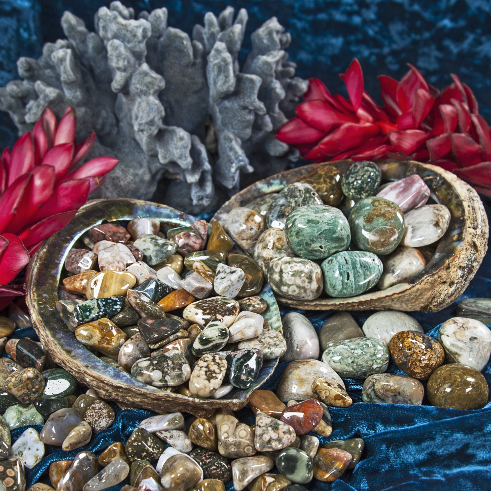 Beautiful ocean tumbled seaglass jasper,granite agate,garnet epoxied and triple glazed