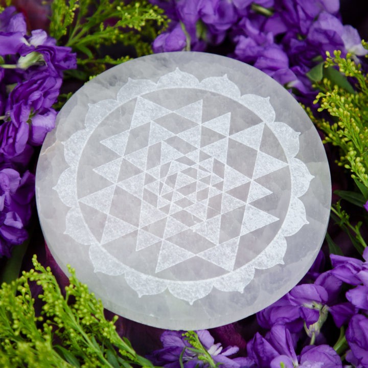 Sri Yantra Engraved Selenite Disc