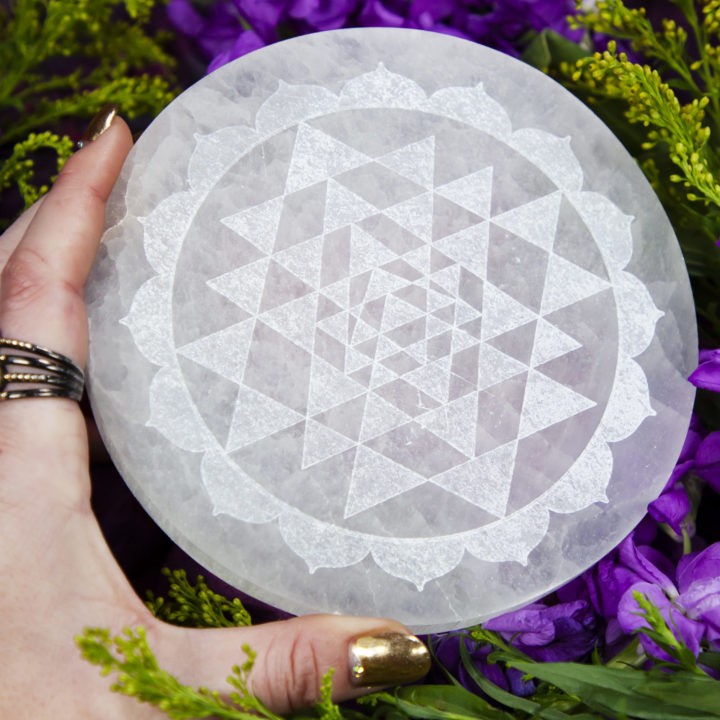 Sri Yantra Engraved Selenite Disc