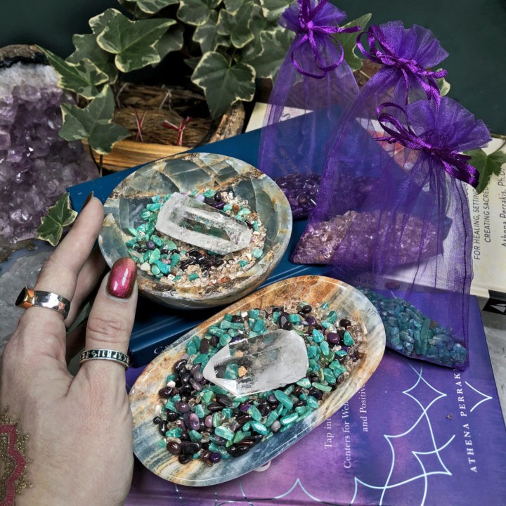 Lemurian Blue Calcite Peaceful Healing Bowl and Gem Set