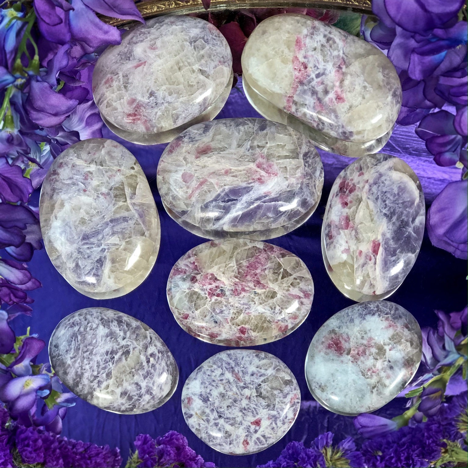 Lepidolite, Pink Tourmaline, Smoky Quartz, and Cleavelandite Palm Stone