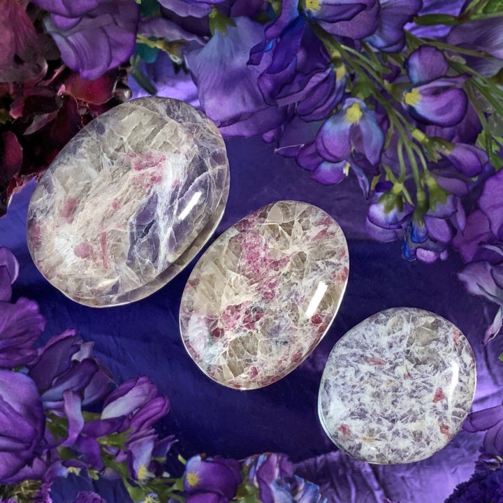 Lepidolite, Pink Tourmaline, Smoky Quartz, and Cleavelandite Palm Stone