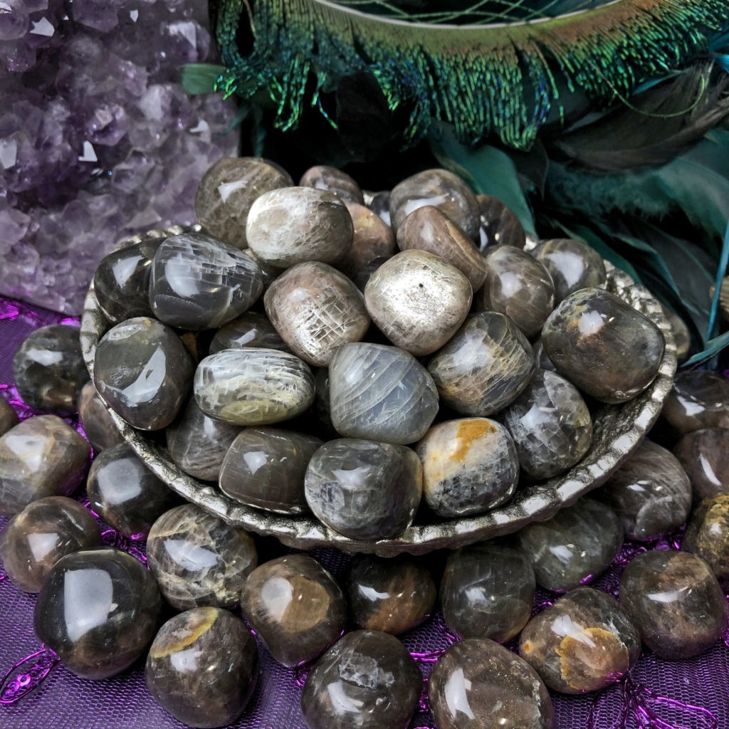 Tumbled Black Moonstone for new moon magic, grounding, and protection