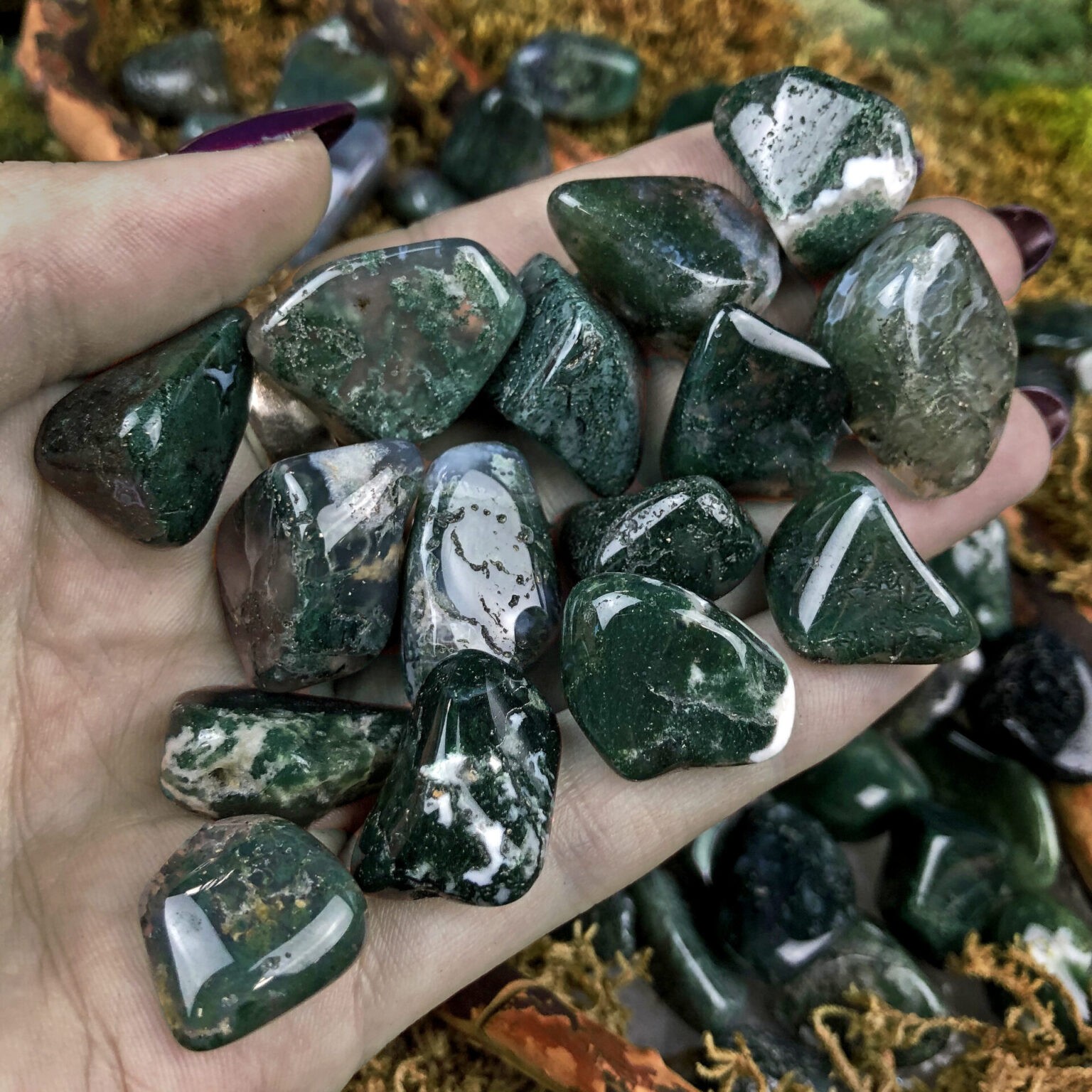 Sage Goddess Moss Agate: Small Tumbled for healing and strength