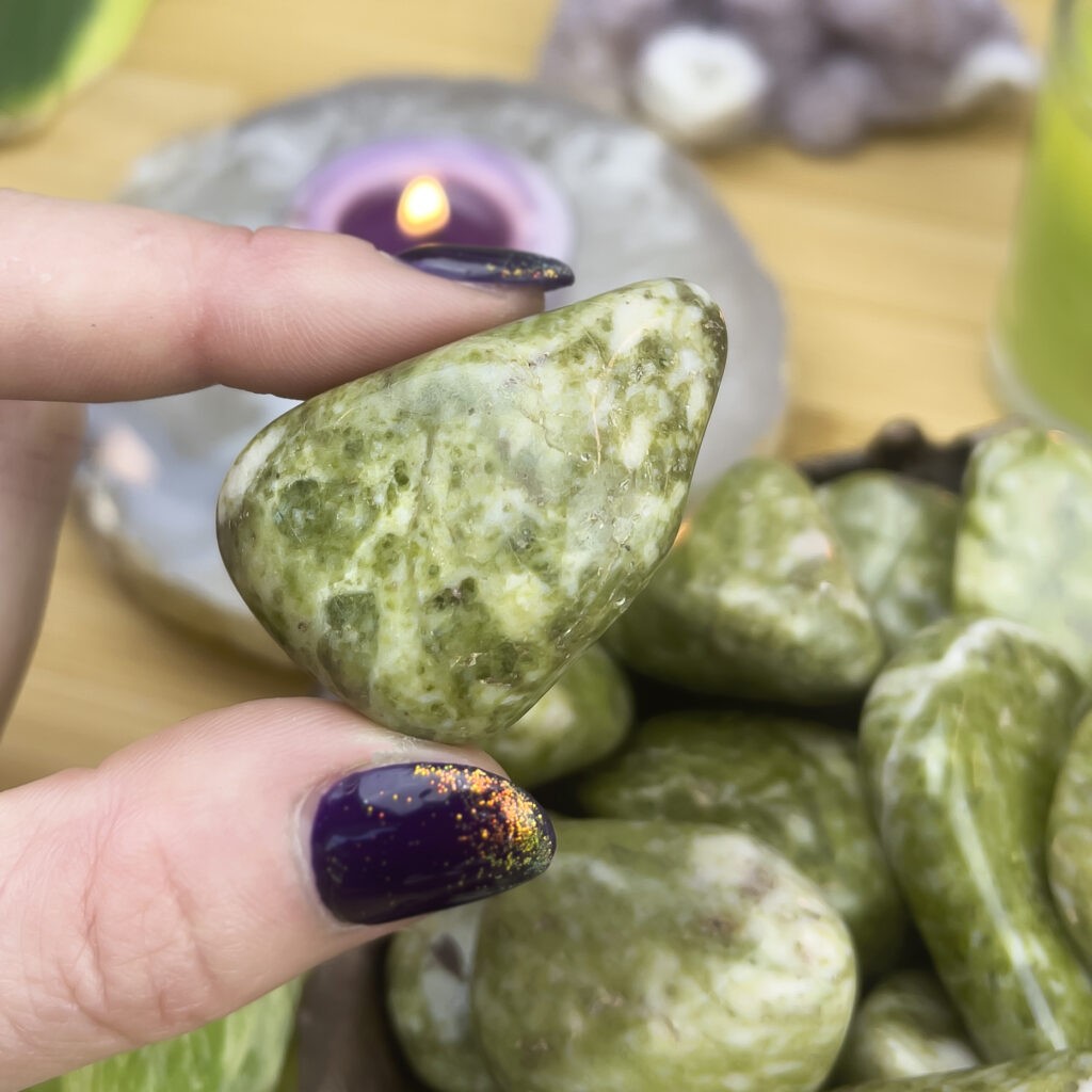 Sage Goddess Tumbled Snowflake Epidote for grounded manifestation