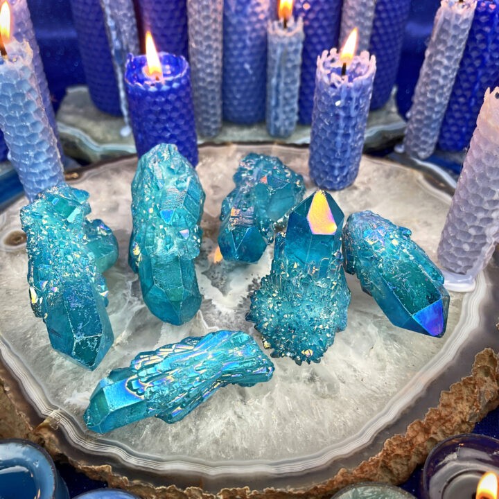 Blue Aura Candle Quartz Point
