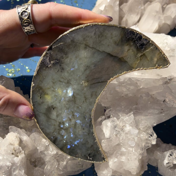 Negativity Out, Intentions In Labradorite Moon Plate with Crystal Grid