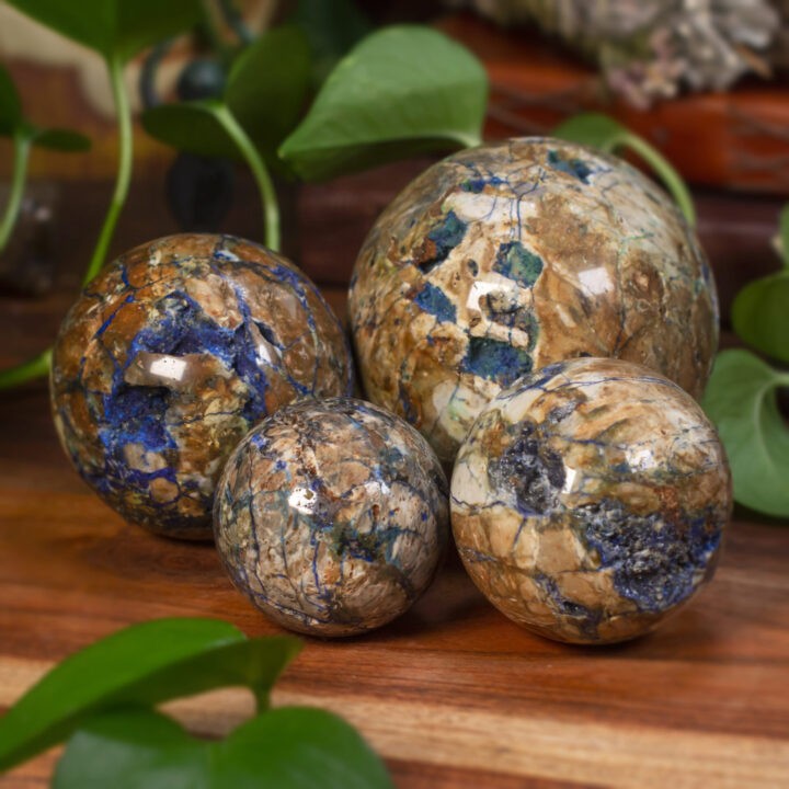Ancient Priestess Azurite and Chrysocolla in Petrified Wood Sphere