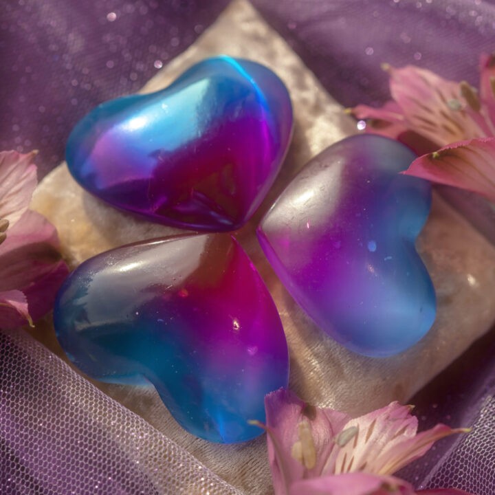 Magenta and Blue Aura Selenite Heart
