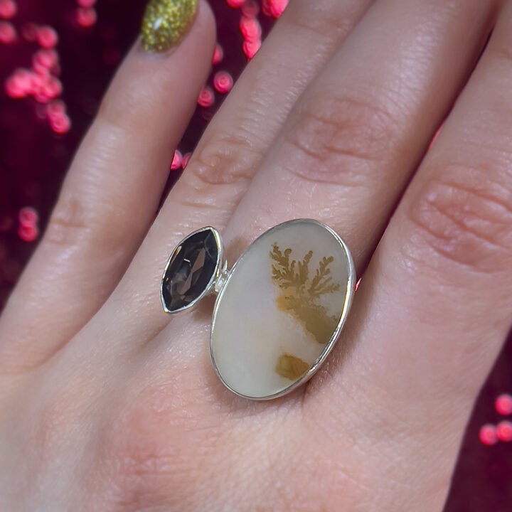 Dendritic Agate and Smoky Quartz Adjustable Ring