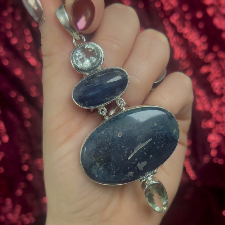 Vivianite, Blue Kyanite, and Faceted Topaz Sterling Silver Pendant
