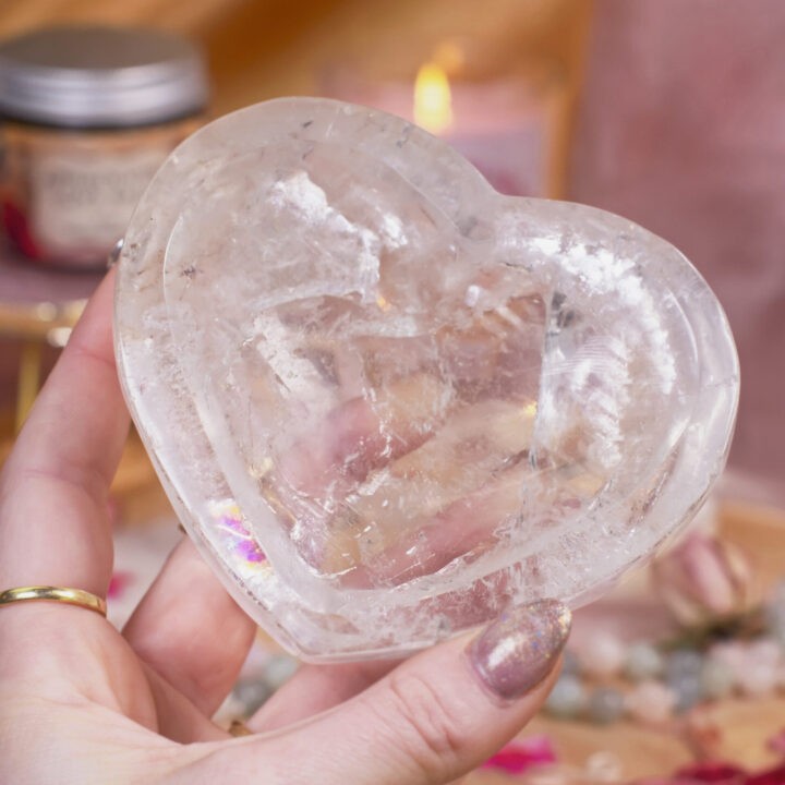 Clear Quartz Heart Bowl with Heart Healing Gem Set