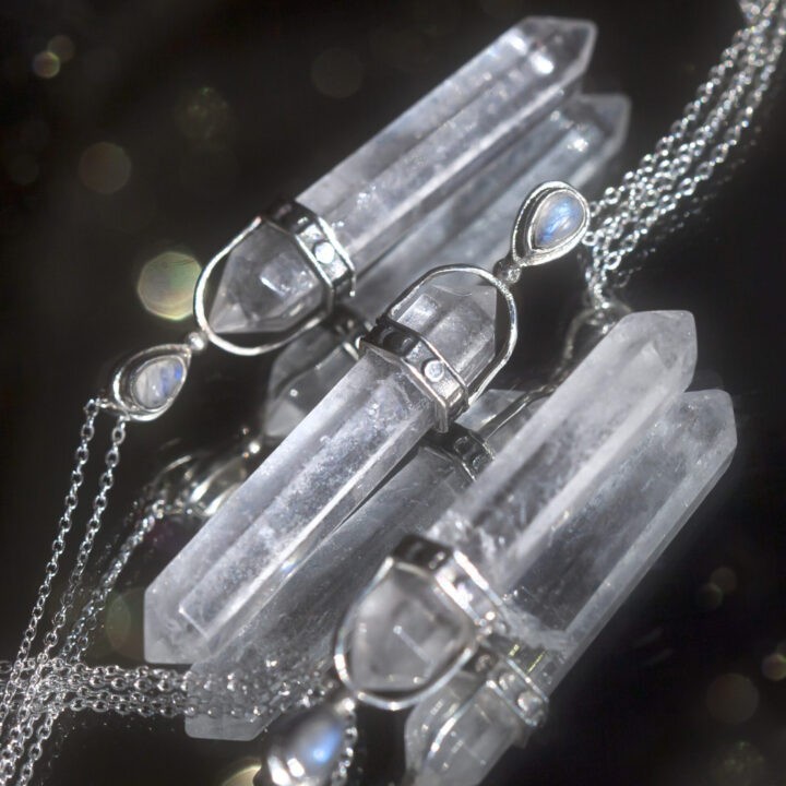 Double Terminated Clear Quartz Moon Phase Channeling Pendant
