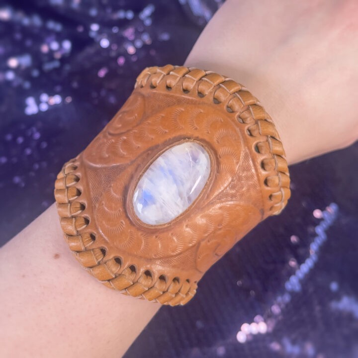 Rainbow Moonstone Leather Cuff