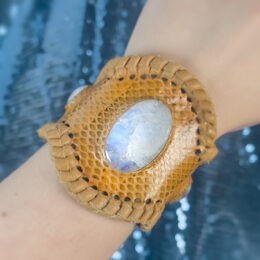 Rainbow Moonstone Snakeskin Leather Cuff