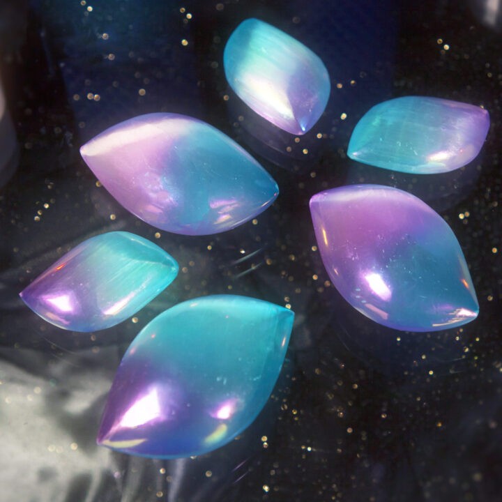 Blue and Pink Aura Selenite Leaf Palm Stone