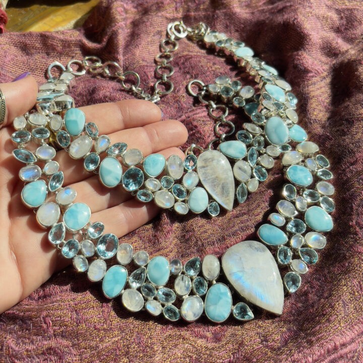 Rainbow Moonstone, Blue Topaz, and Larimar Necklace