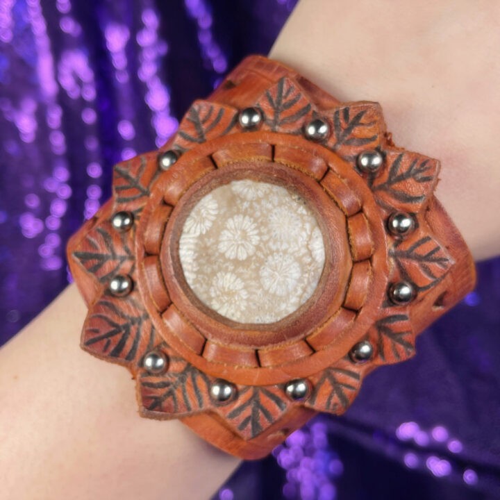 Tan Leather Cuff with Fossilized Coral