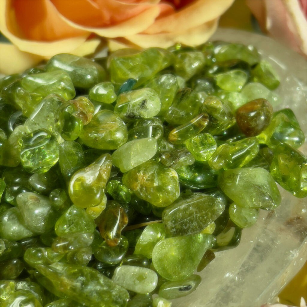 Sage Goddess Tumbled Peridot Chip Stones for good luck and prosperity