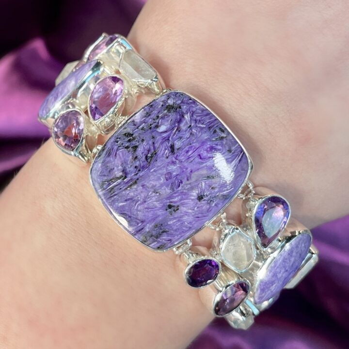 Charoite, Clear Quartz, and Amethyst Sterling Silver Bracelet