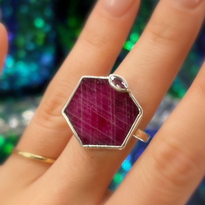 Ruby Hexagon and Faceted Purple Sapphire Ring