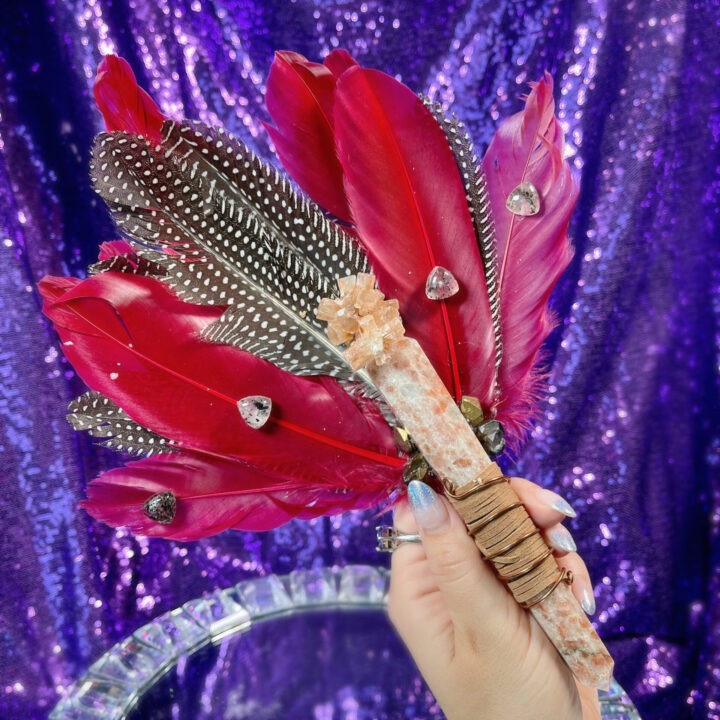 Sunstone, Red Aragonite, Gold Aura Amethyst, Tibetan Quartz Smudge Fan