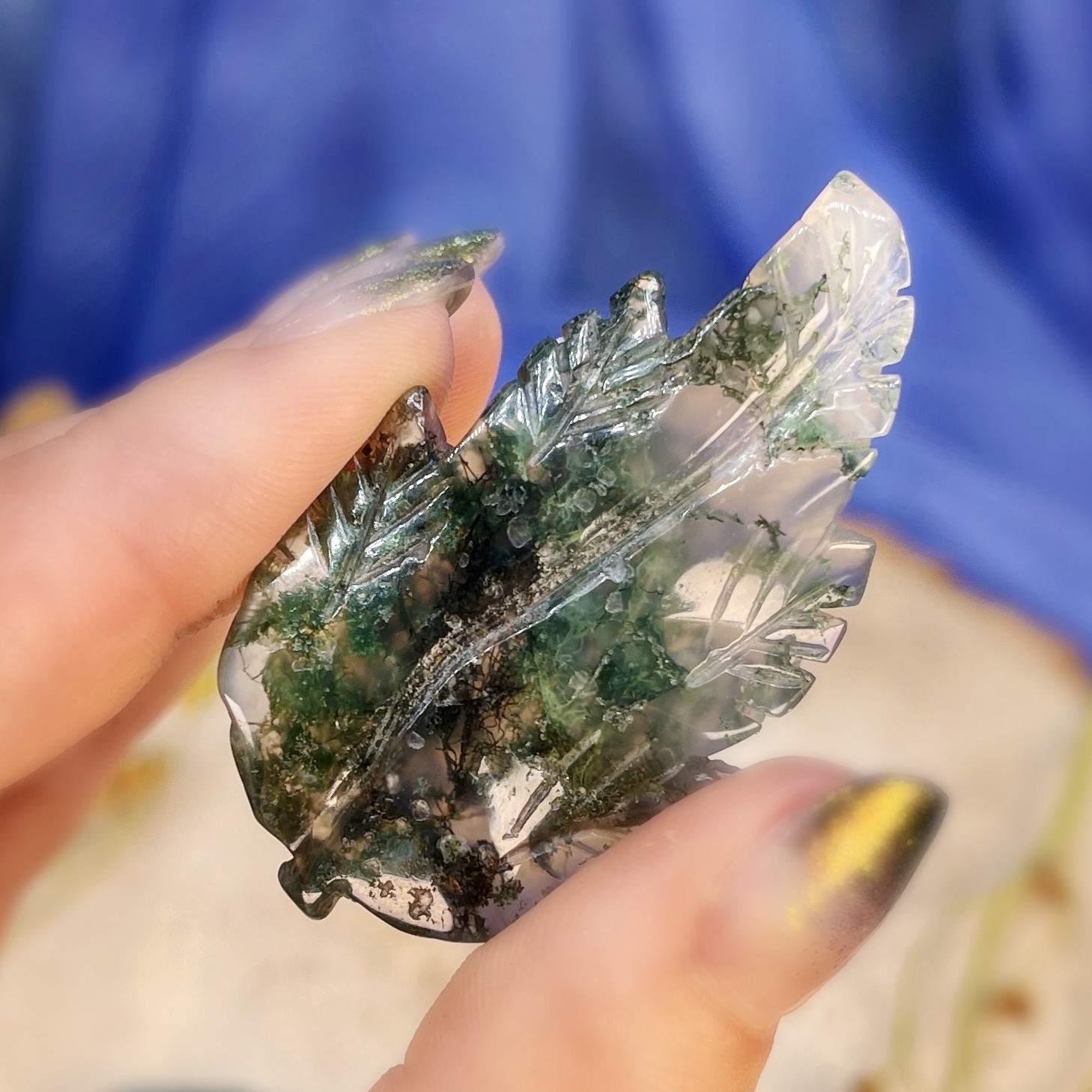 Sage Goddess Healing Moss Agate Leaf for grounded transition