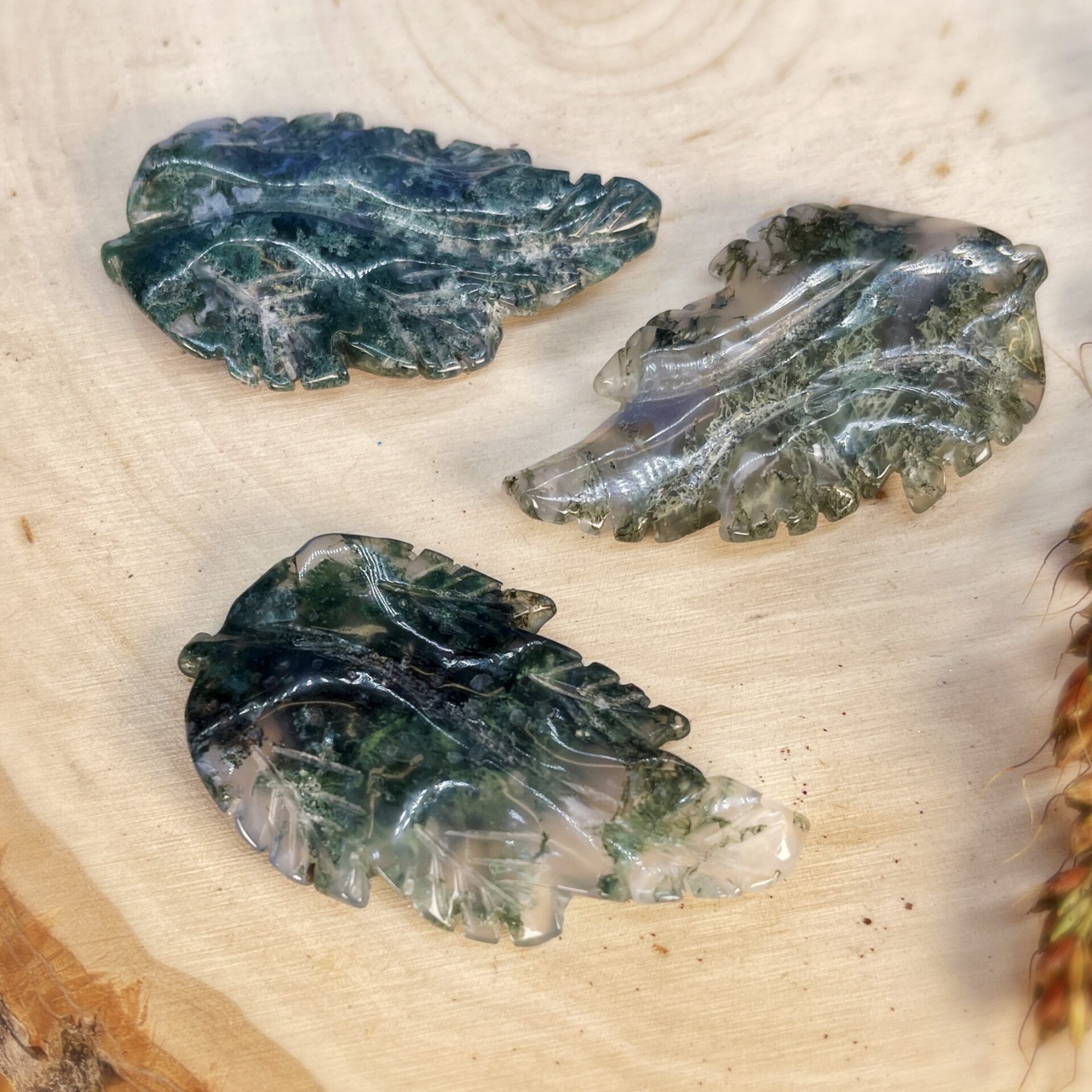 Sage Goddess Healing Moss Agate Leaf for grounded transition