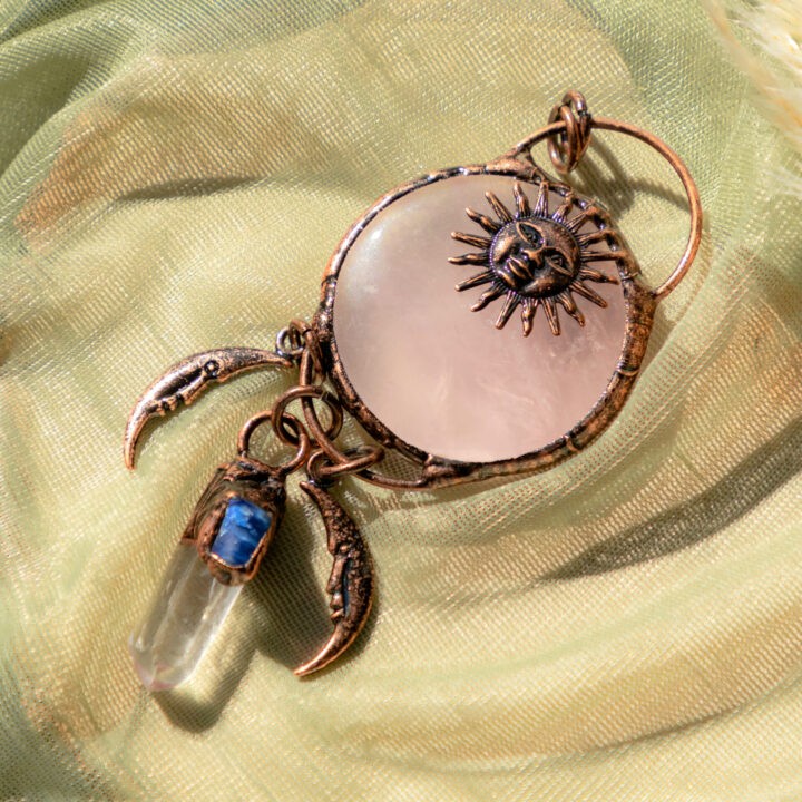 Celestial Rose Quartz, Clear Quartz, and Blue Kyanite Pendant