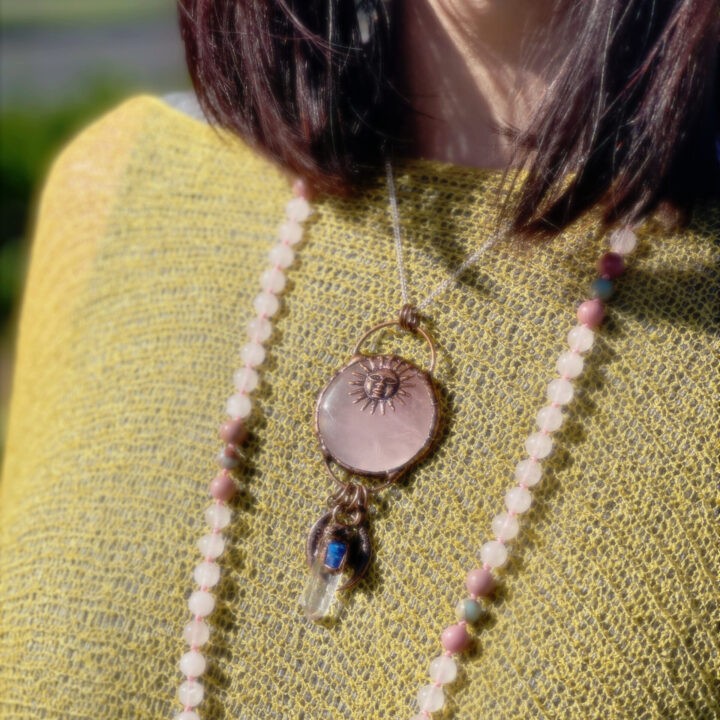 Celestial Rose Quartz, Clear Quartz, and Blue Kyanite Pendant