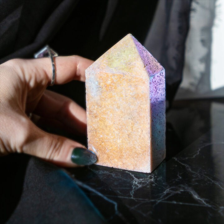 Rainbow Aura Pink Amethyst Obelisk