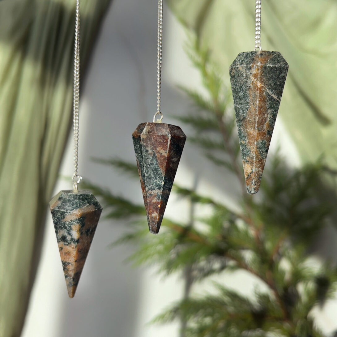 Almandine and Green Grounded Prosperity Pendulum