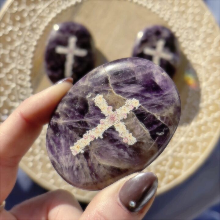 Floral Cross Amethyst Palm Stone