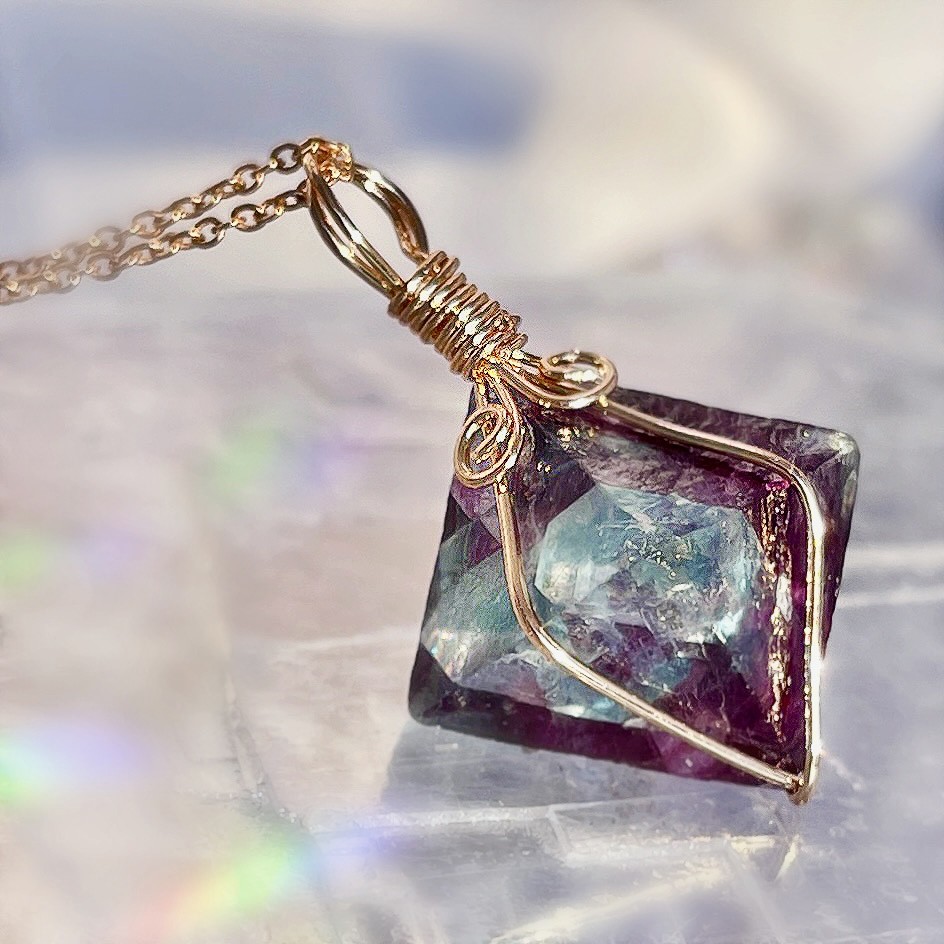 Copper Electroformed Fluorite Hexagon Pendant with Rose Quartz Heart and offers Cute Couple Sitting on Top Necklace